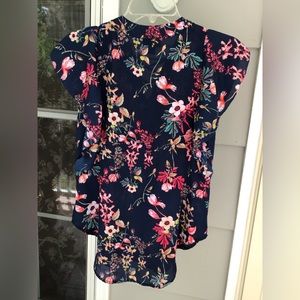 a.n.a A New Approach Womens XS tie V Neck flare Sleeve Top Floral Navy Blue EUC